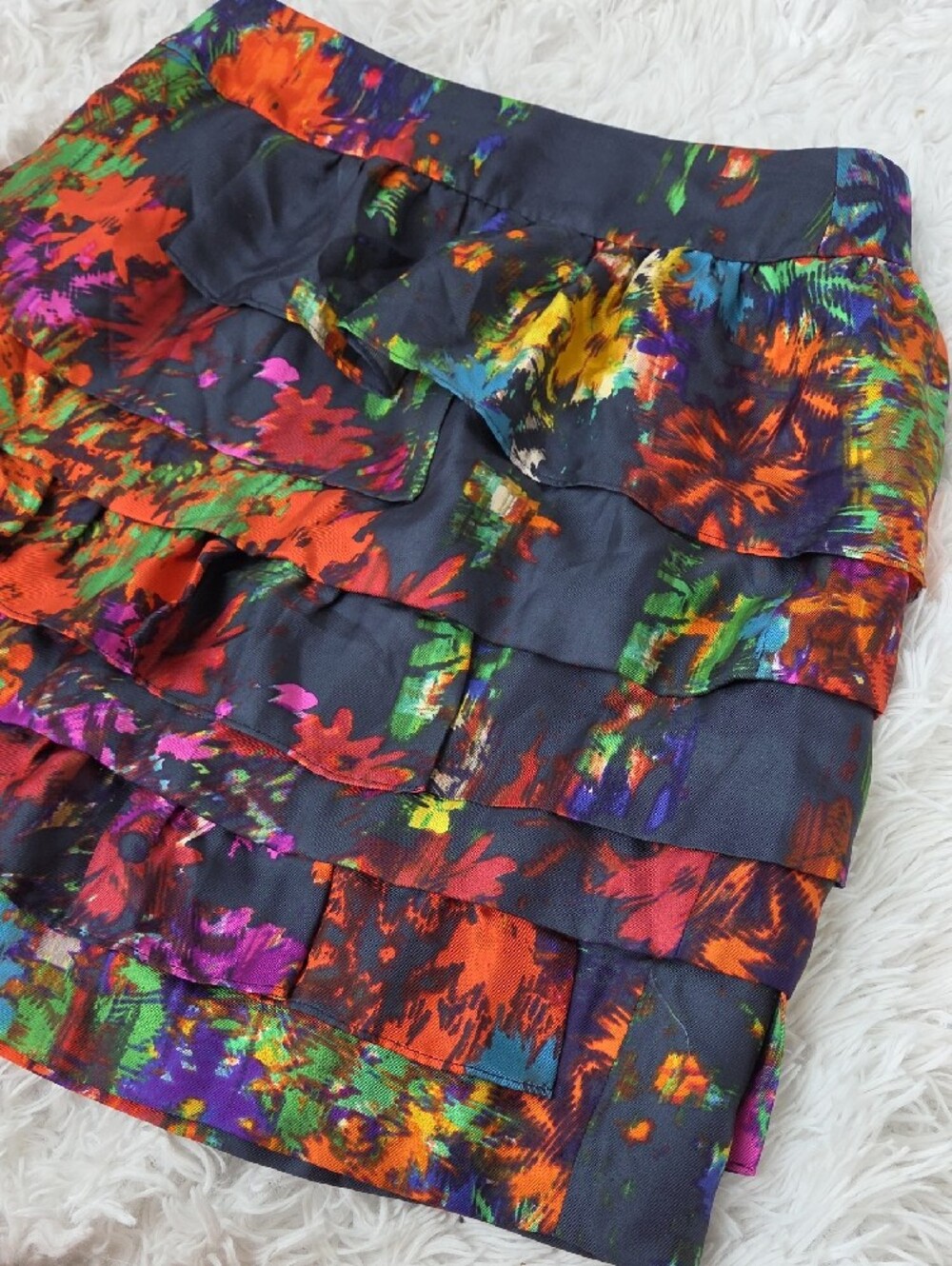 leifsdottir Black Mini Skirt with Bright Orange, Blue, Purple & Green 100% Silk - Picture 9 of 9